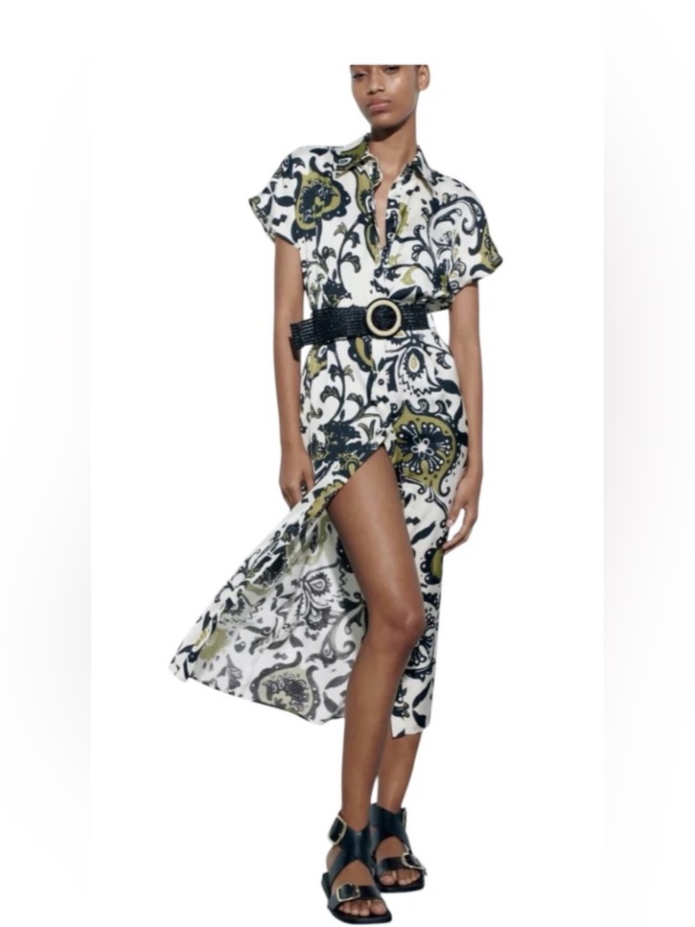 Zara Button-Front Midi Dress in White with Olive & Black Print